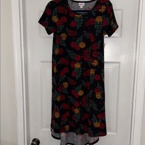LuLaRoe Black Midi Dress with Red, Yellow & Green Floral Print